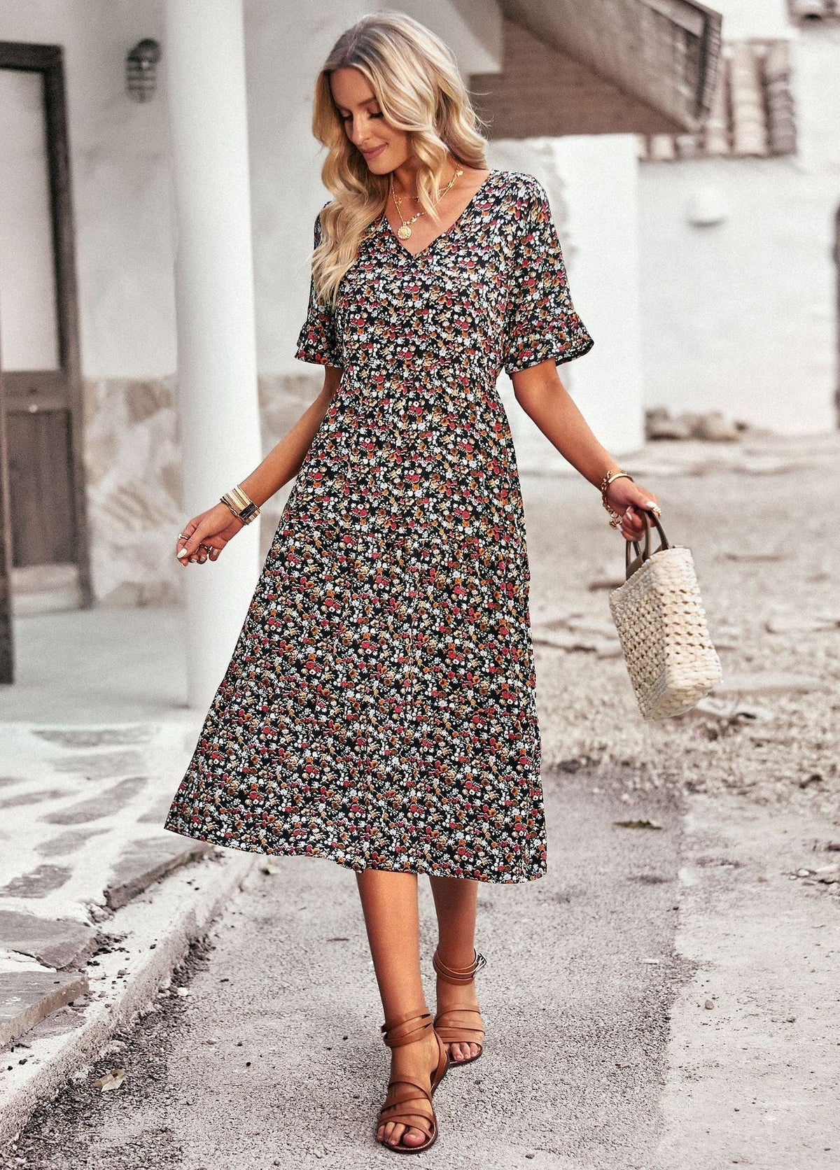 Robe Midi Femme Confortable à Motif Floral et Style Classique Élégant