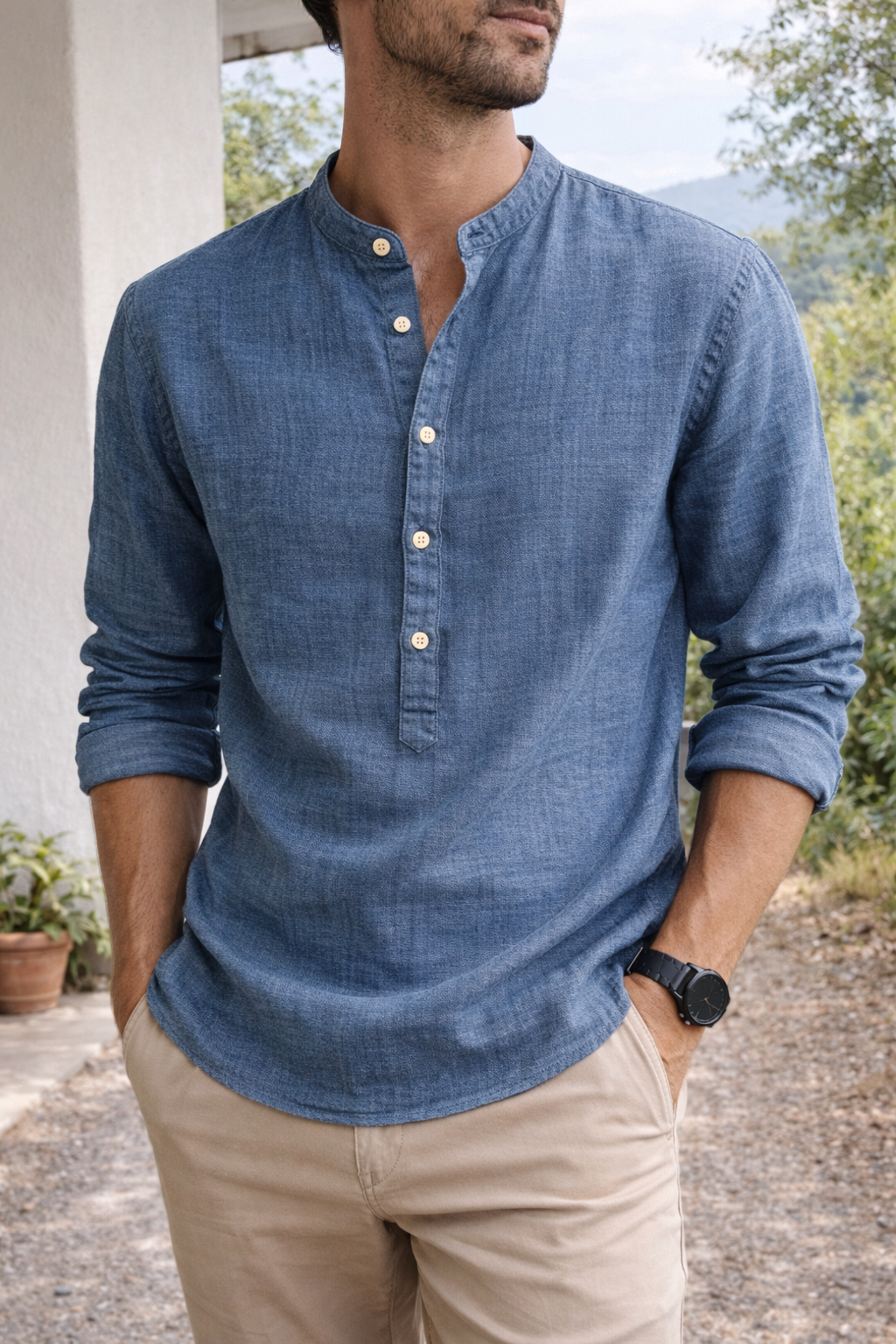 Chemise en Lin pour Homme à Col Grandad – Style Smart-Casual Décontracté
