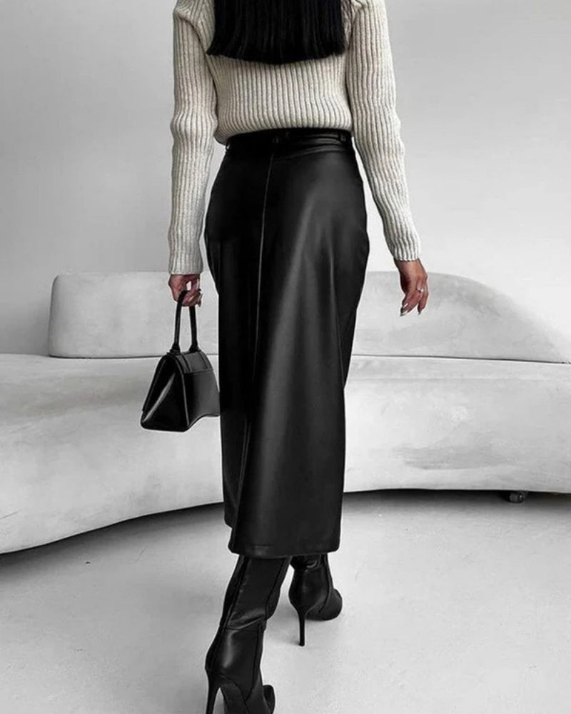 Jupe Midi Taille Haute avec Fente Frontale – Silhouette Élégante et Structurée