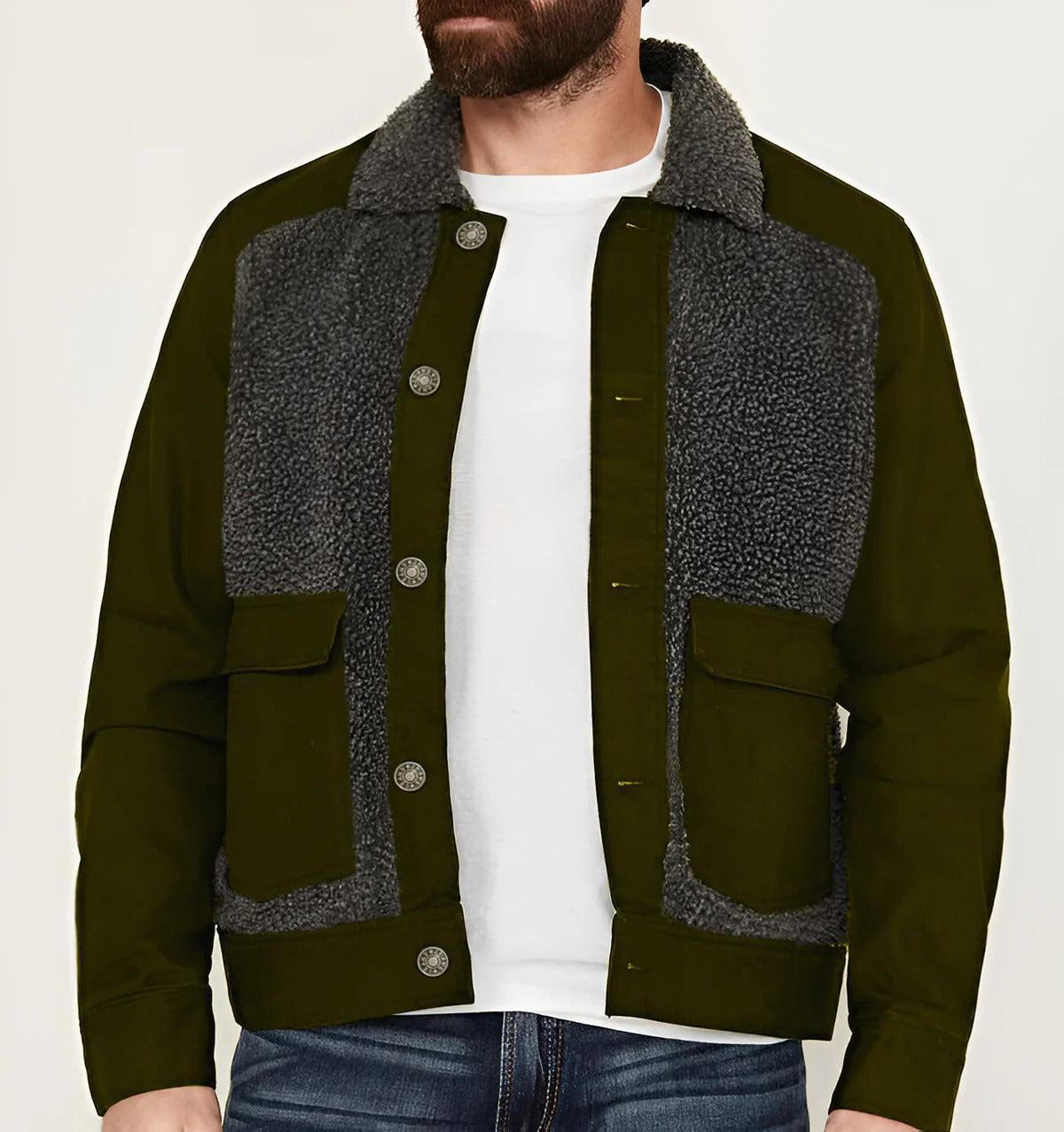 Hector | Veste Trucker Homme Boutonnée, Col Sherpa, Patchwork, Coupe Regular, Longueur Hanches