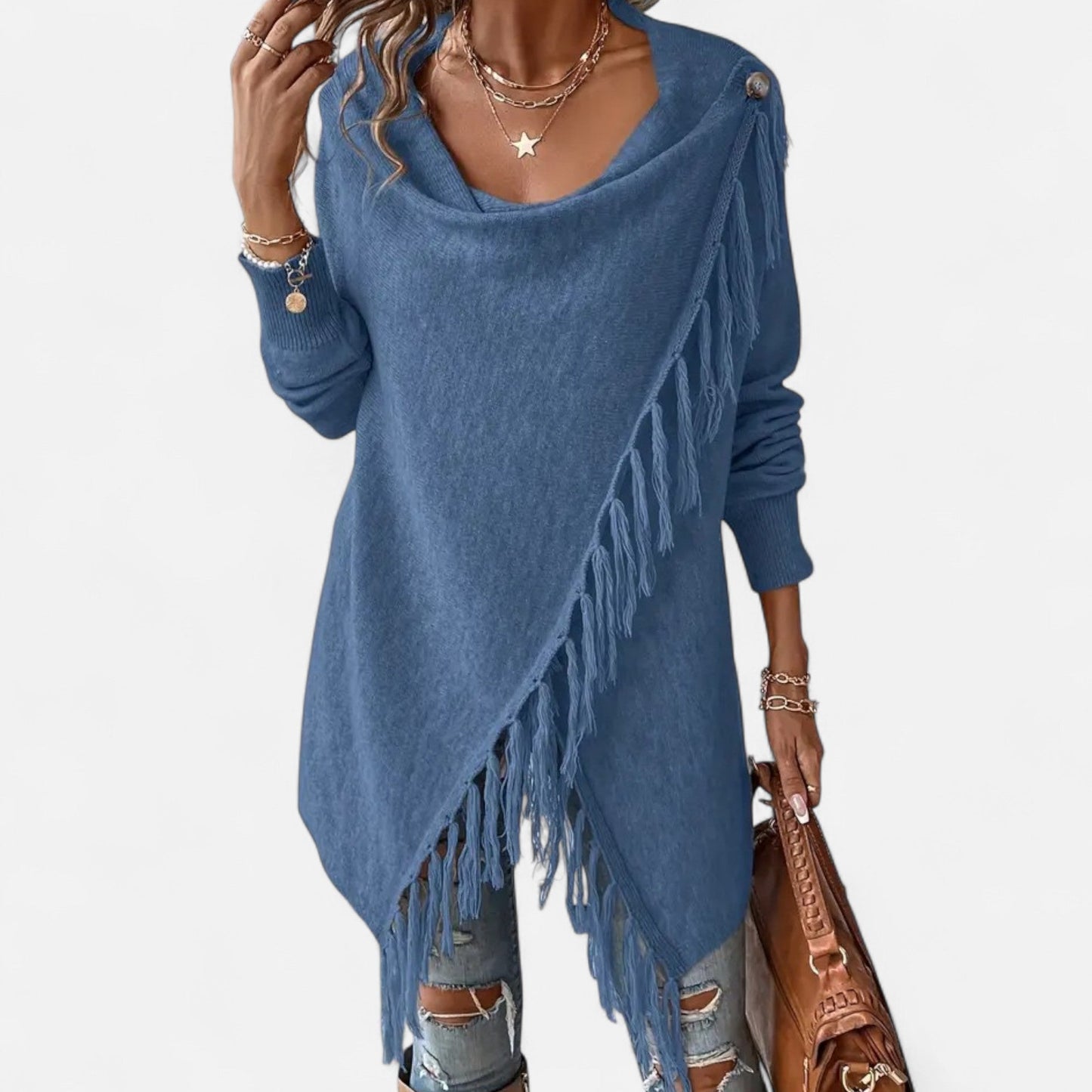 Janisse | Pull Femme à Col Drapé avec Franges et Pampilles Couleur Unie