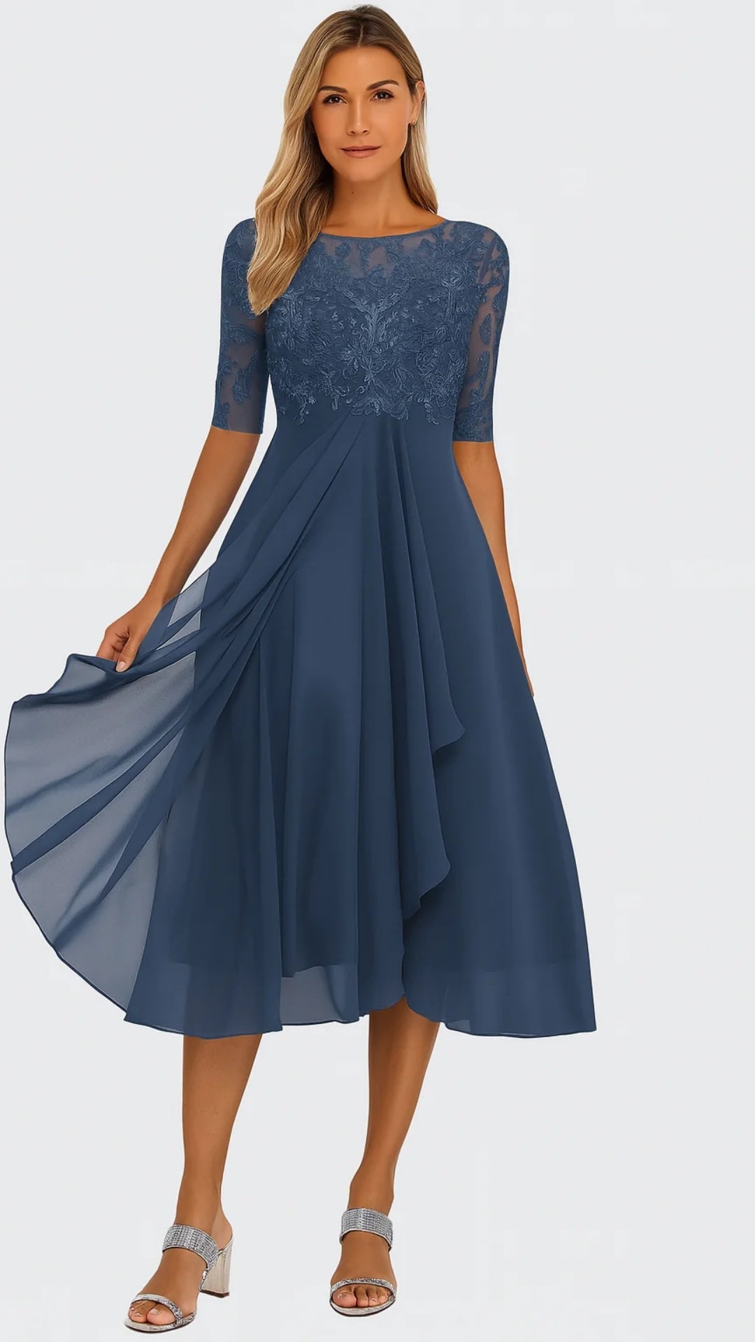 Robe Midi avec Dentelle et Jupe en Chiffon – Élégance pour les Occasions Spéciales