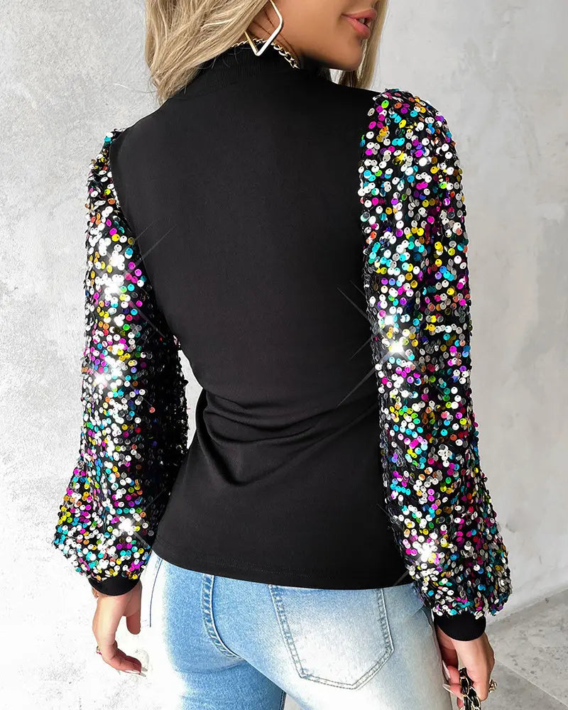 Béatrice | Blouse Élégante Femme à Manches Ballon Multicolores et Détails à Paillettes