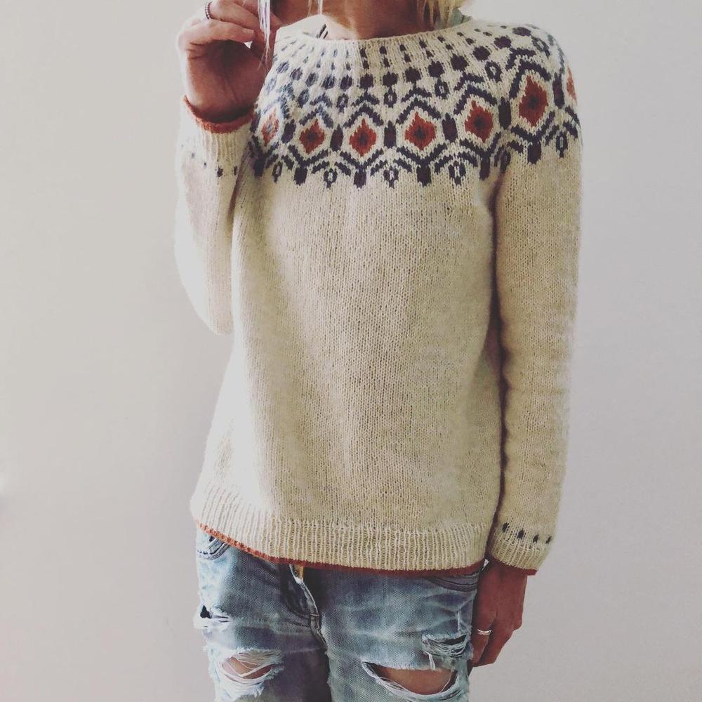 Adrienne-Rose | Pull Knit Femme Col Rond en Maille Épaisse avec Motif Géométrique Élégant