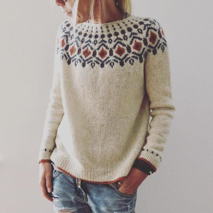 Adrienne-Rose | Pull Knit Femme Col Rond en Maille Épaisse avec Motif Géométrique Élégant