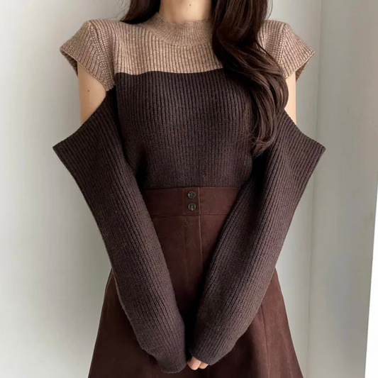 Rosette | Pull Femme Bicolore en Maille avec Manches Découpées et Col Rond Chic