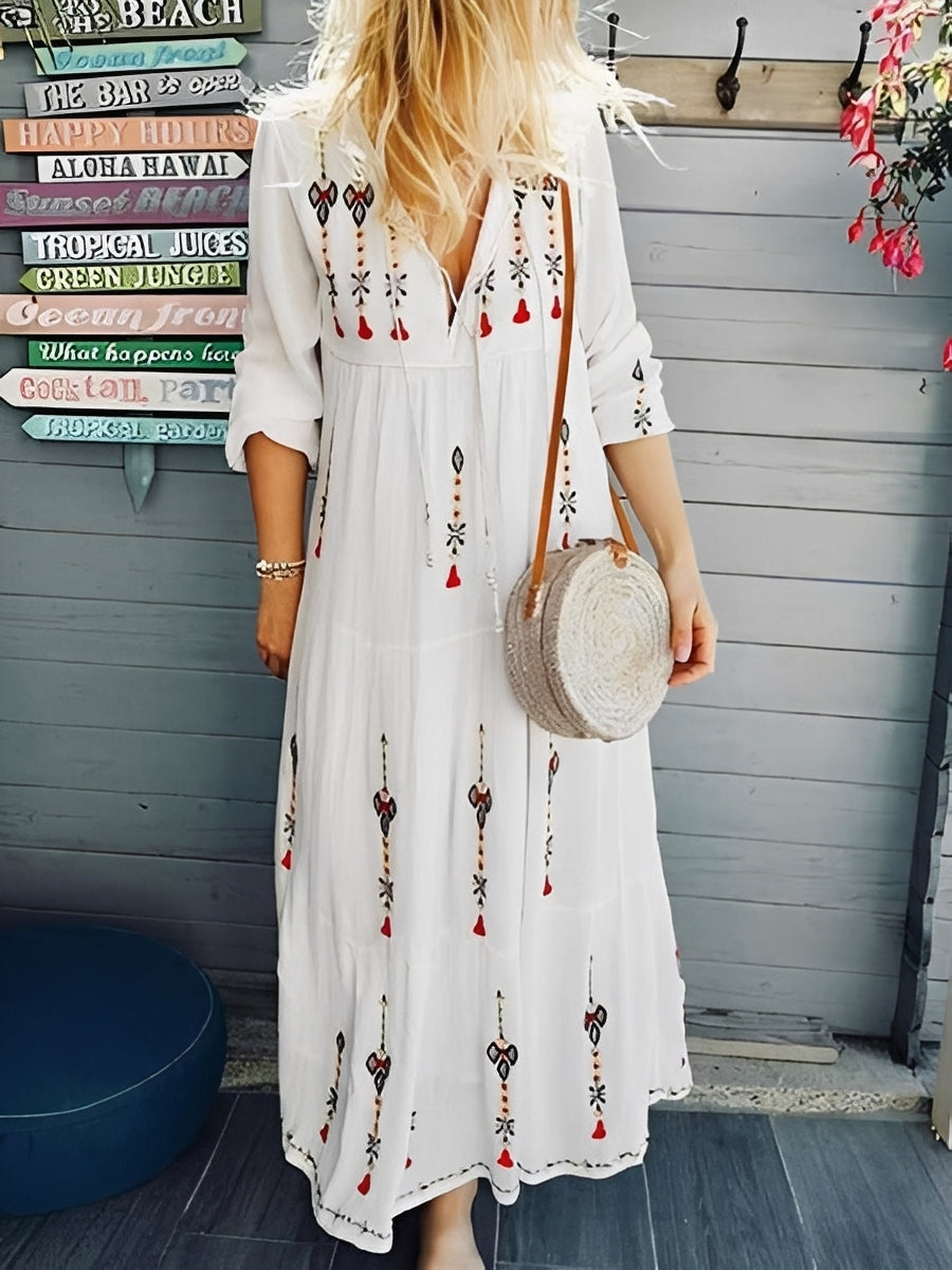 Robe Bohème Femme à Col V – Style Floral Léger pour l’Été