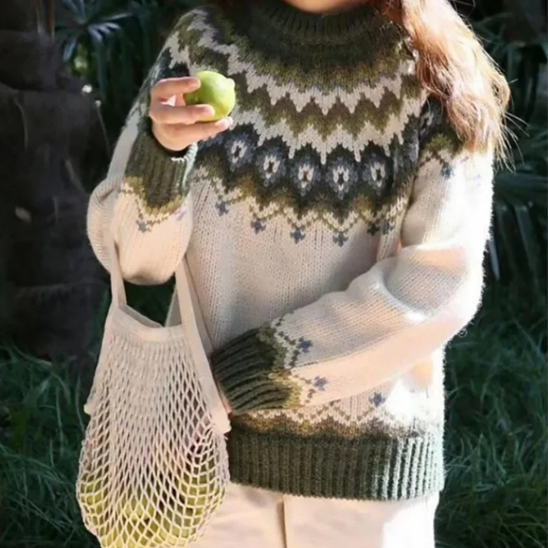 Aiméline | Pull Femme Hiver en Gros Tricot avec Motifs Tribaux & Col Rond