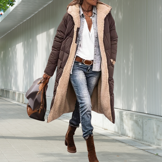 Cassandra-Rose | Manteau Femme Hiver Long Doublé Polaire avec Capuche et Poches