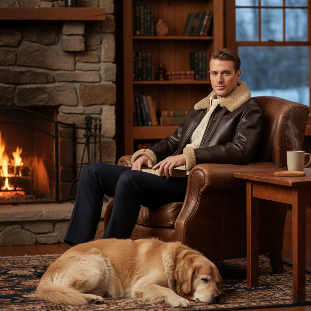 Aviator Veste Homme en Cuir Synthétique avec Doublure Chaude, Col Large et Coupe Structurée