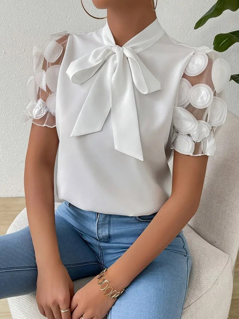 Blouse Femme Élégante avec Nœud et Manches Transparentes