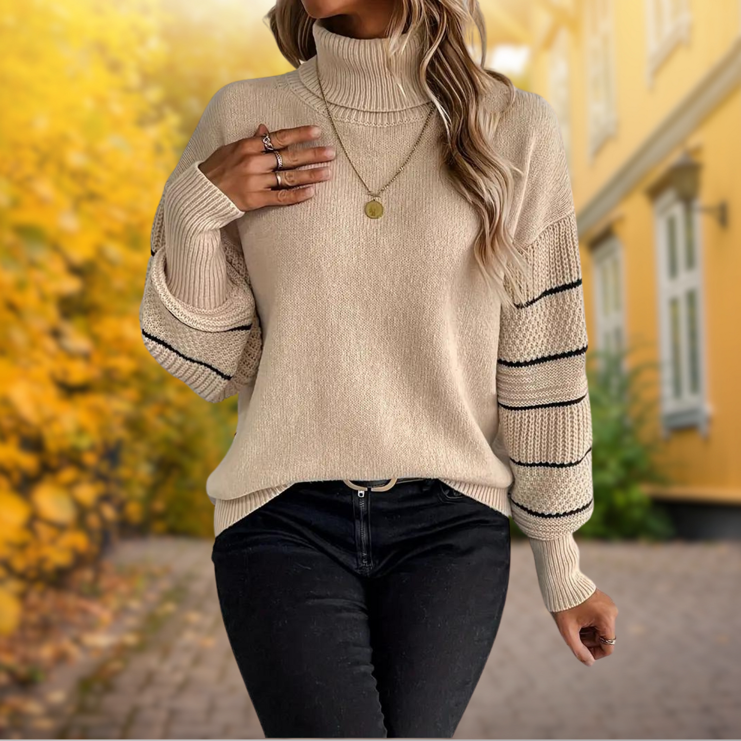 Stelle | Pull à col roulé tricoté avec manches rayées – Élégance et chaleur