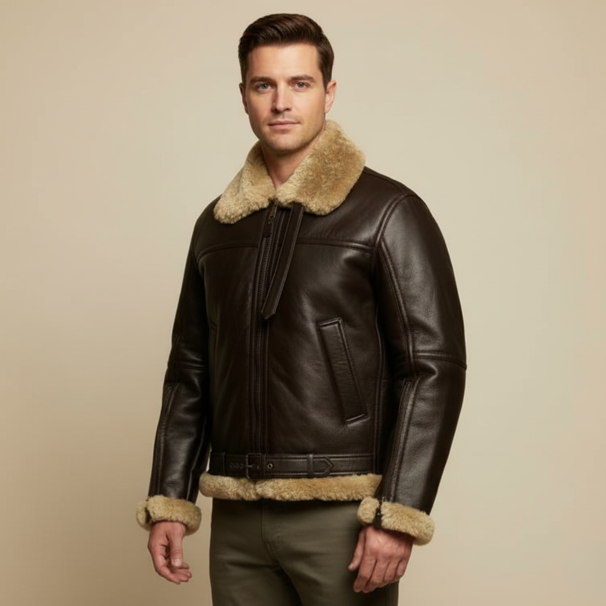 Aviator Veste Homme en Cuir Synthétique avec Doublure Chaude, Col Large et Coupe Structurée