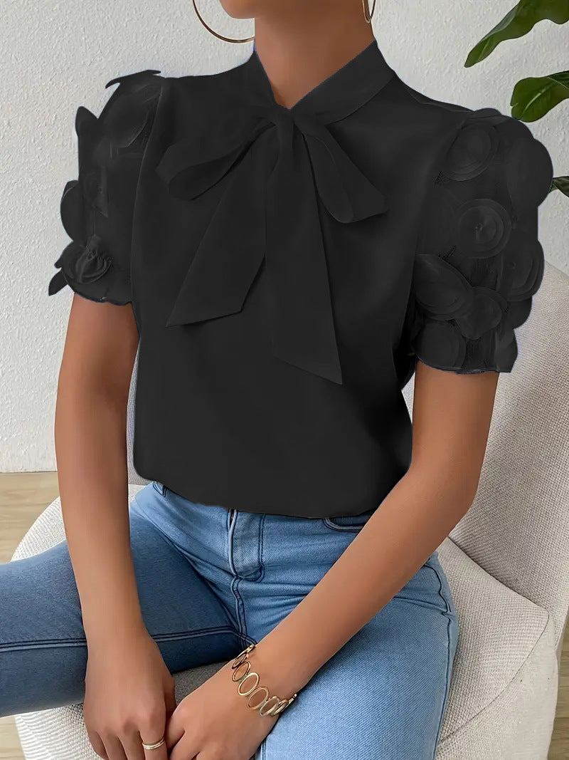 Blouse Femme Élégante avec Nœud et Manches Transparentes