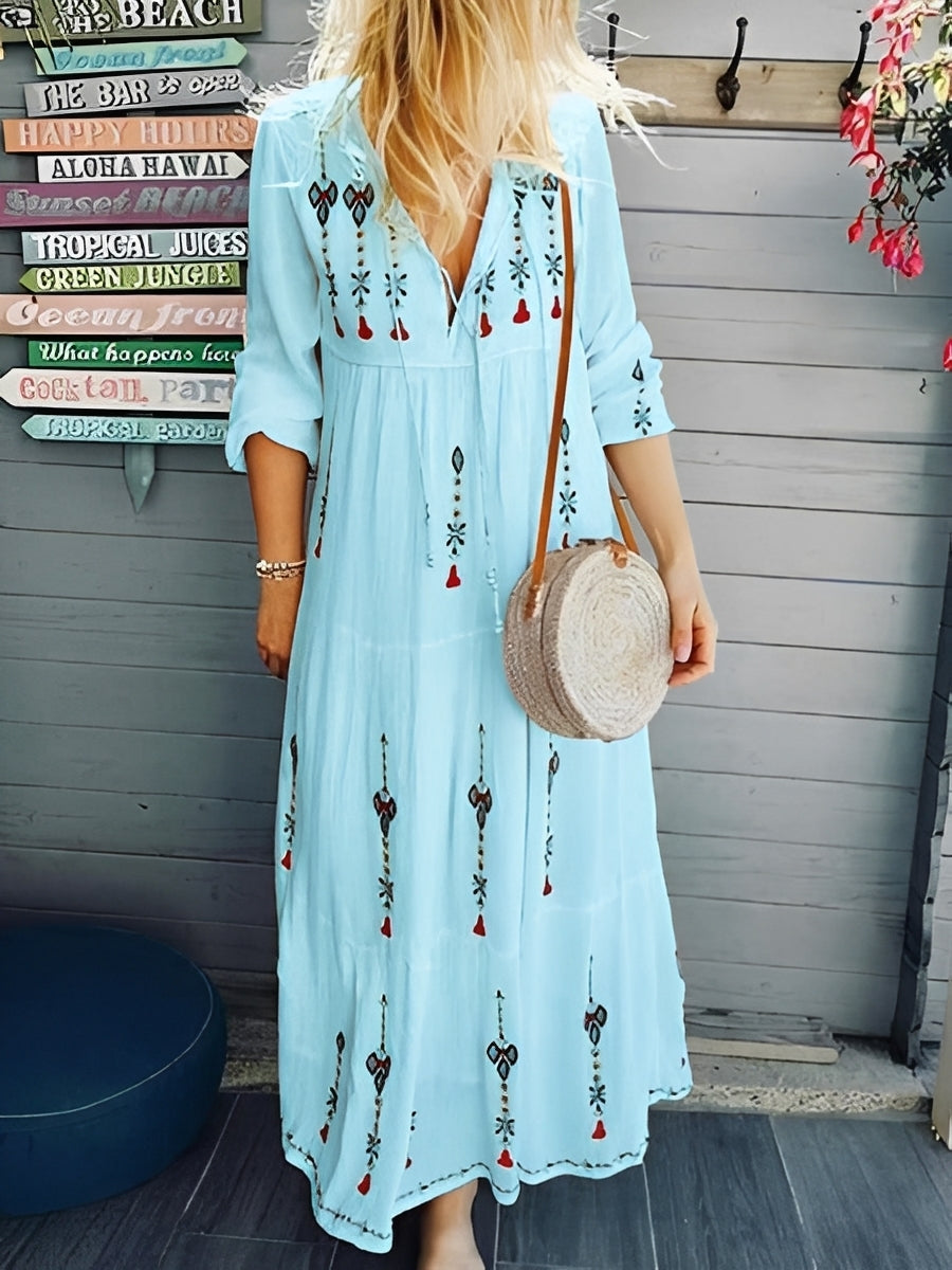 Robe Bohème Femme à Col V – Style Floral Léger pour l’Été