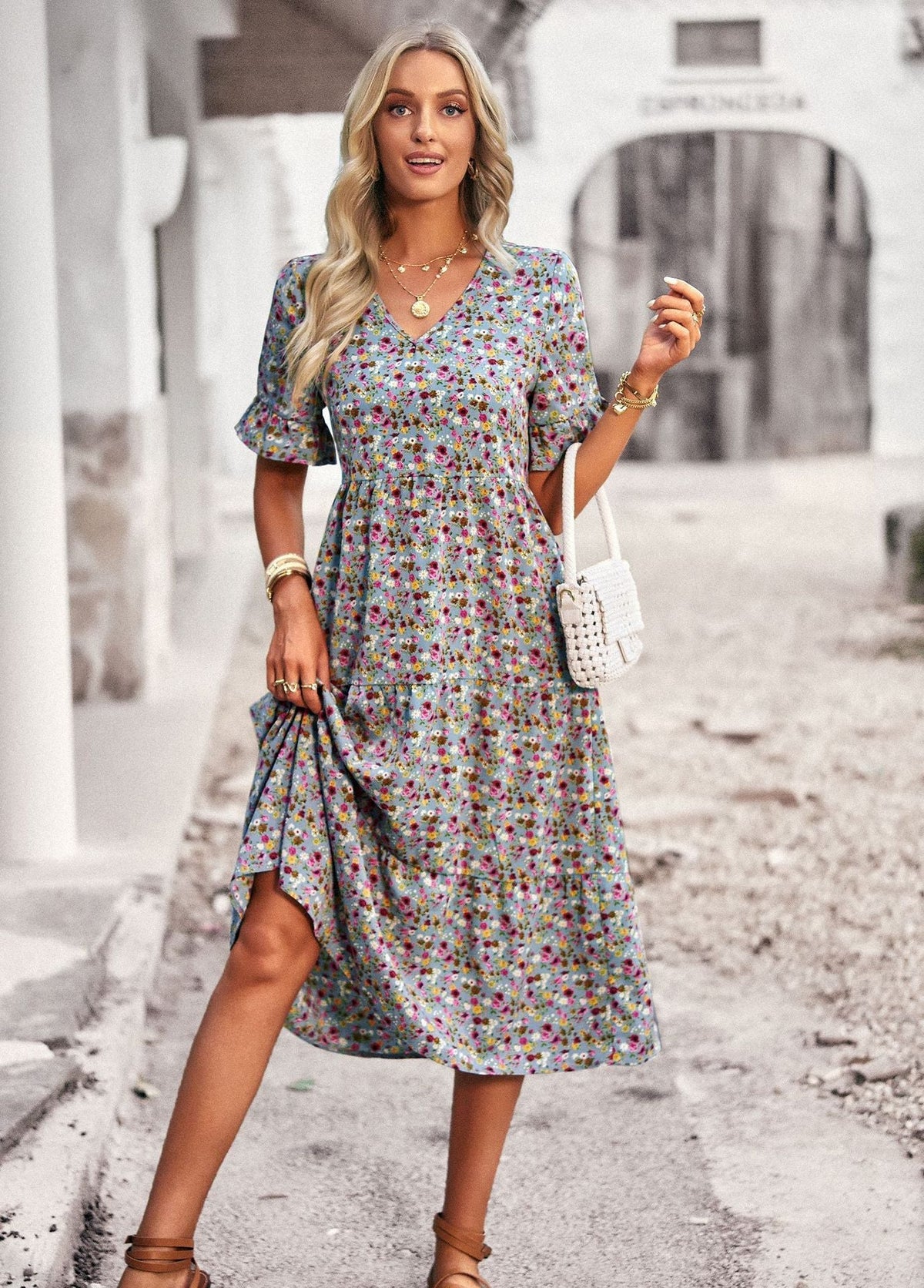 Robe Midi Femme Confortable à Motif Floral et Style Classique Élégant
