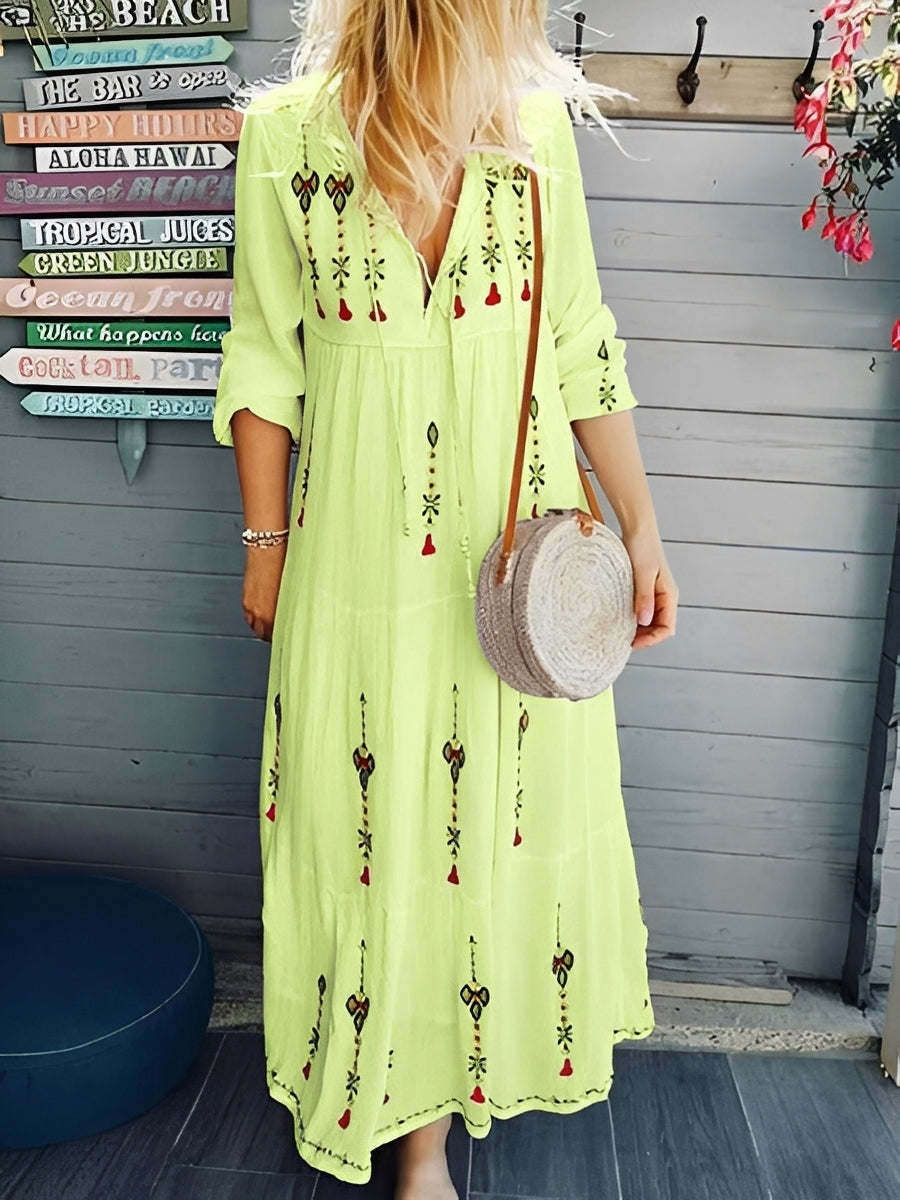 Robe Bohème Femme à Col V – Style Floral Léger pour l’Été