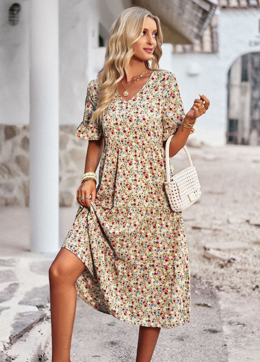Robe Midi Femme Confortable à Motif Floral et Style Classique Élégant