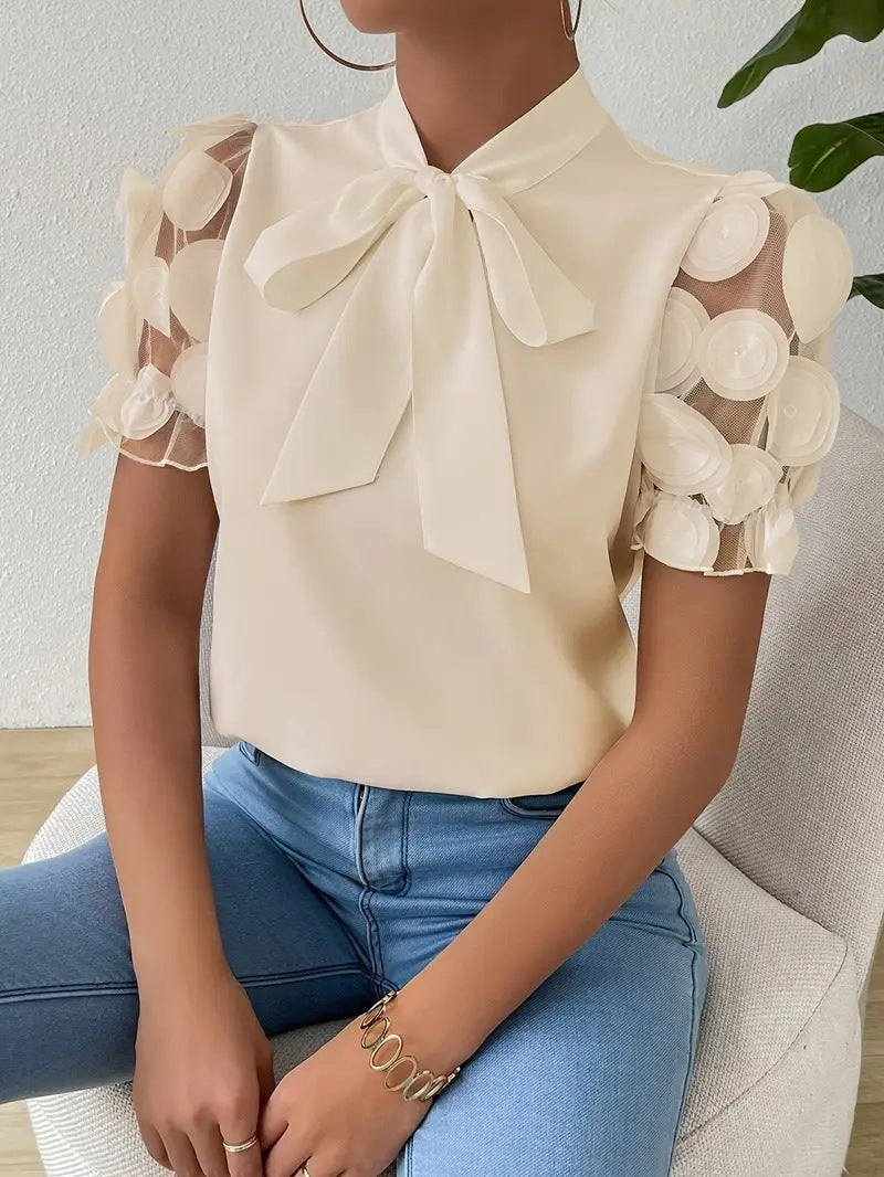 Blouse Femme Élégante avec Nœud et Manches Transparentes