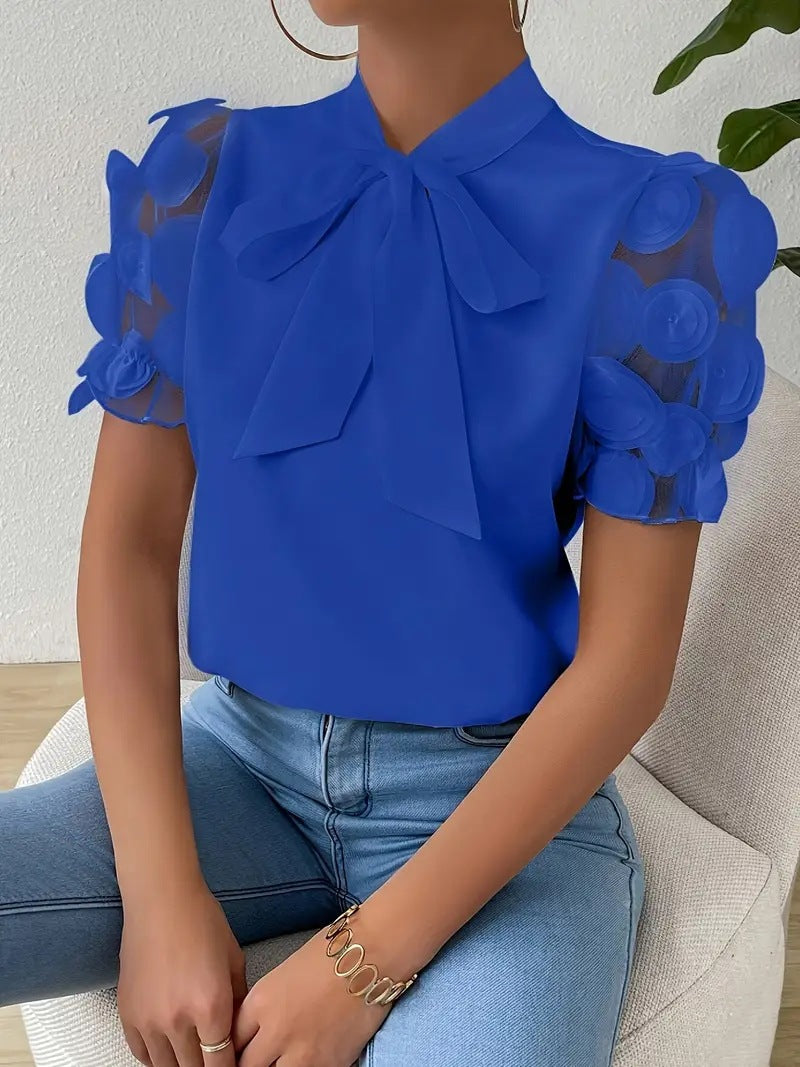 Blouse Femme Élégante avec Nœud et Manches Transparentes
