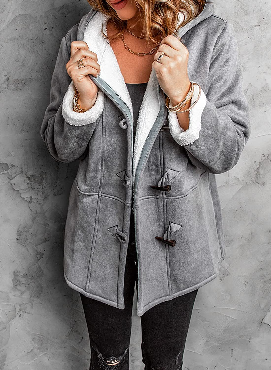Vianne | Manteau Hiver Femme Effet Suédine avec Fermeture Brandebourgs, Capuche et Doublure Polaire Chaude