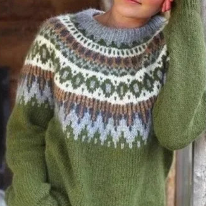 Aiméline | Pull Femme Hiver en Gros Tricot avec Motifs Tribaux & Col Rond