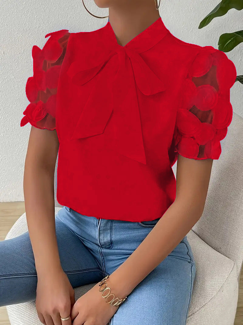 Blouse Femme Élégante avec Nœud et Manches Transparentes