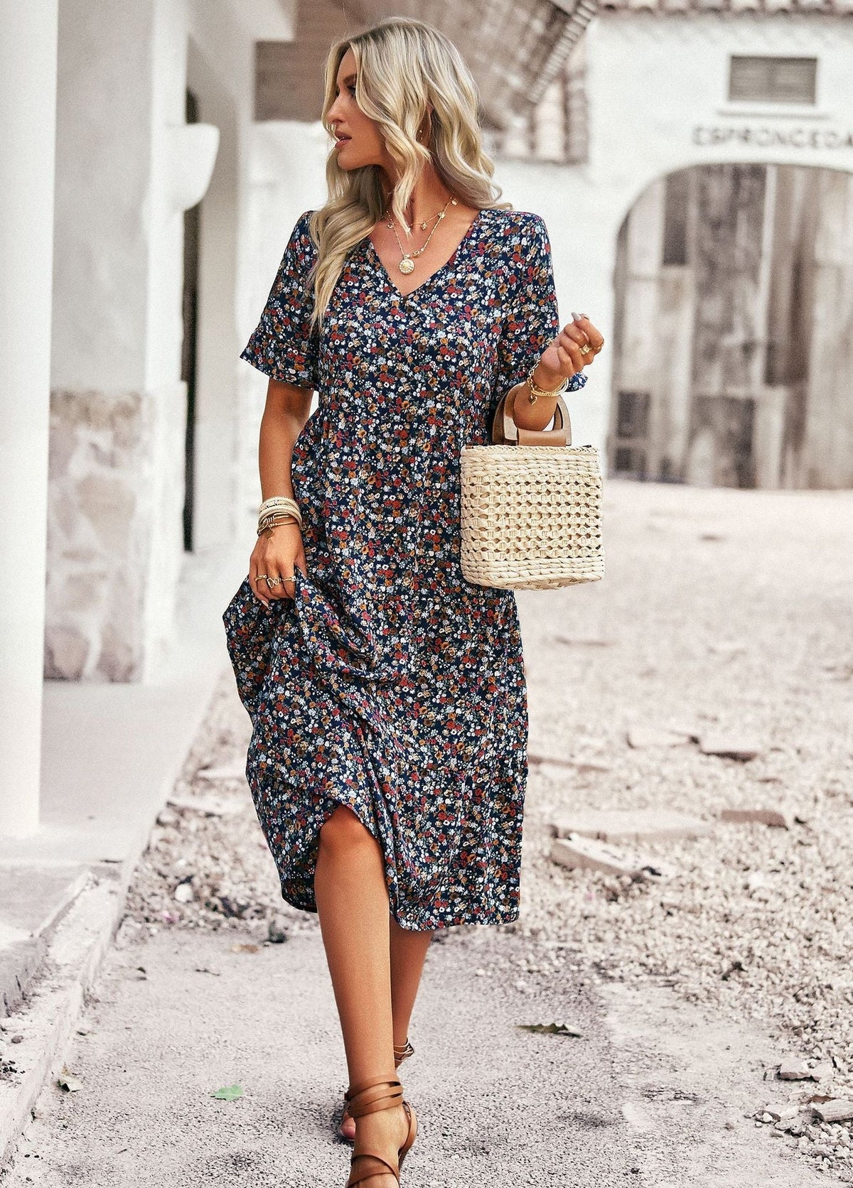 Robe Midi Femme Confortable à Motif Floral et Style Classique Élégant