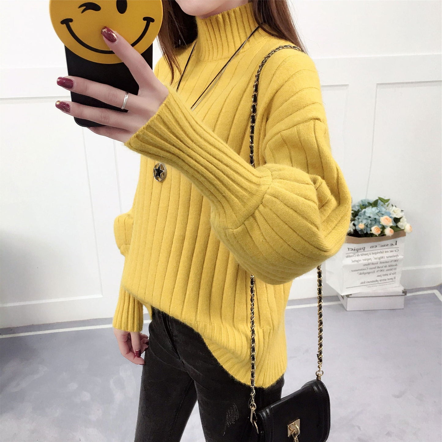 Pull Femme | Pull en Maille Épaisse à Col Montant et Coupe Décontractée