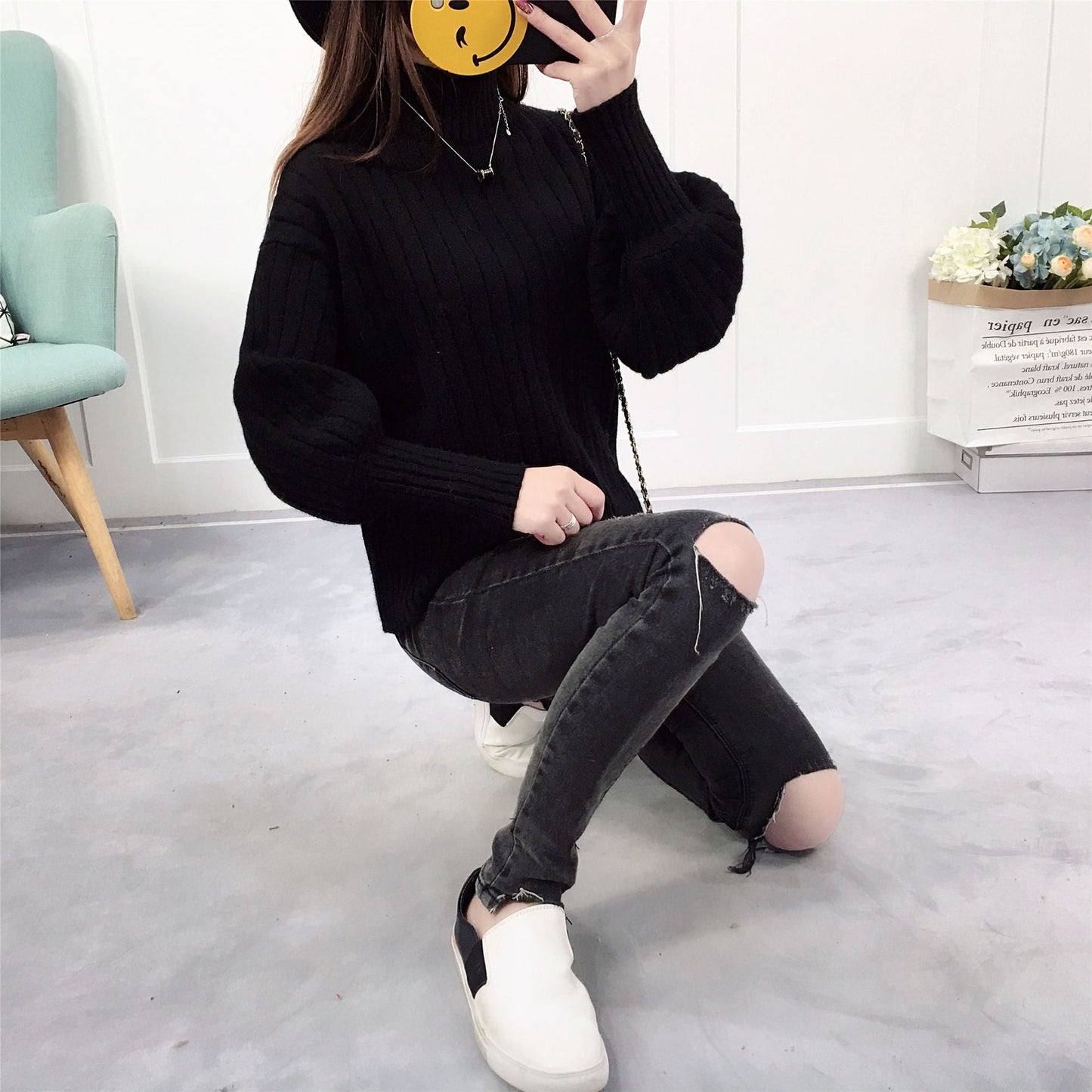 Pull Femme | Pull en Maille Épaisse à Col Montant et Coupe Décontractée