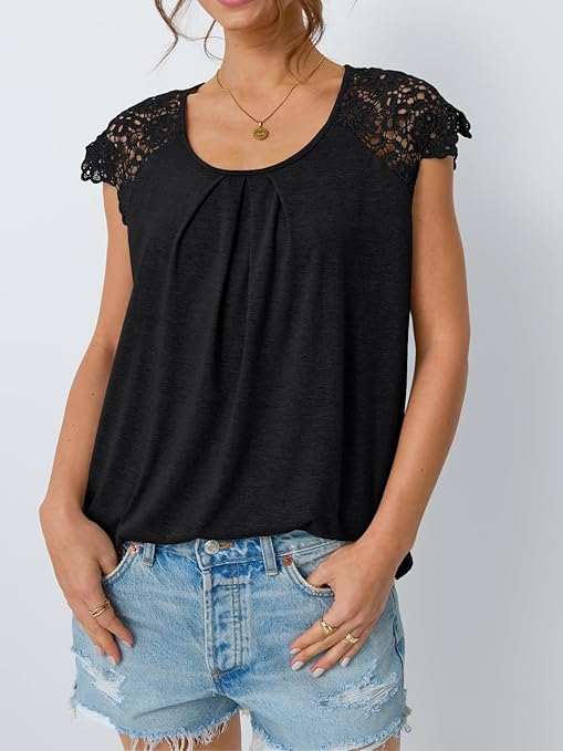 Hevallée | Blouse Femme Élégante à Manches en Dentelle et Col Rond