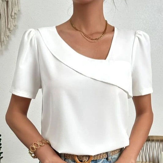 Josianne | Blouse d’Été Femme Blanche à Col Asymétrique et Manches Bouffantes – Élégance et Confort