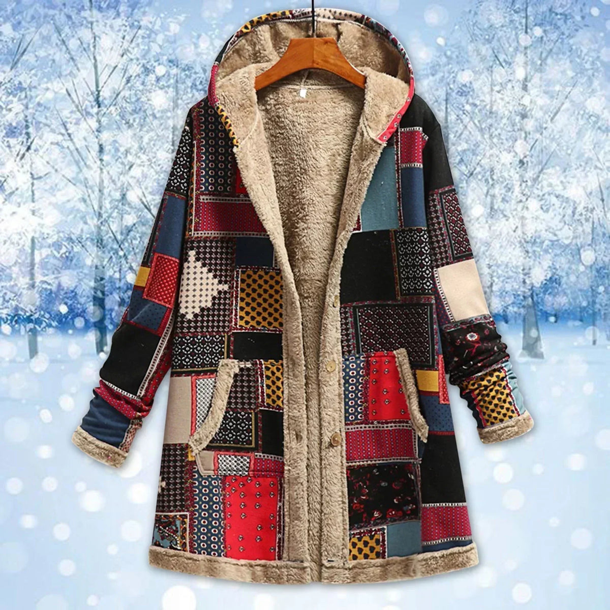 Simone | Veste Femme Patchwork Multicolore à Capuche avec Doublure Polaire Chaude