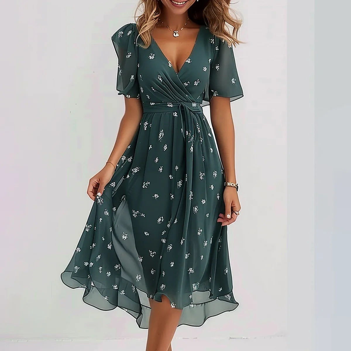 Eméline | Robe Midi Fleurie Femme en Chiffon, Col V Plongeant et Taille Cintrée