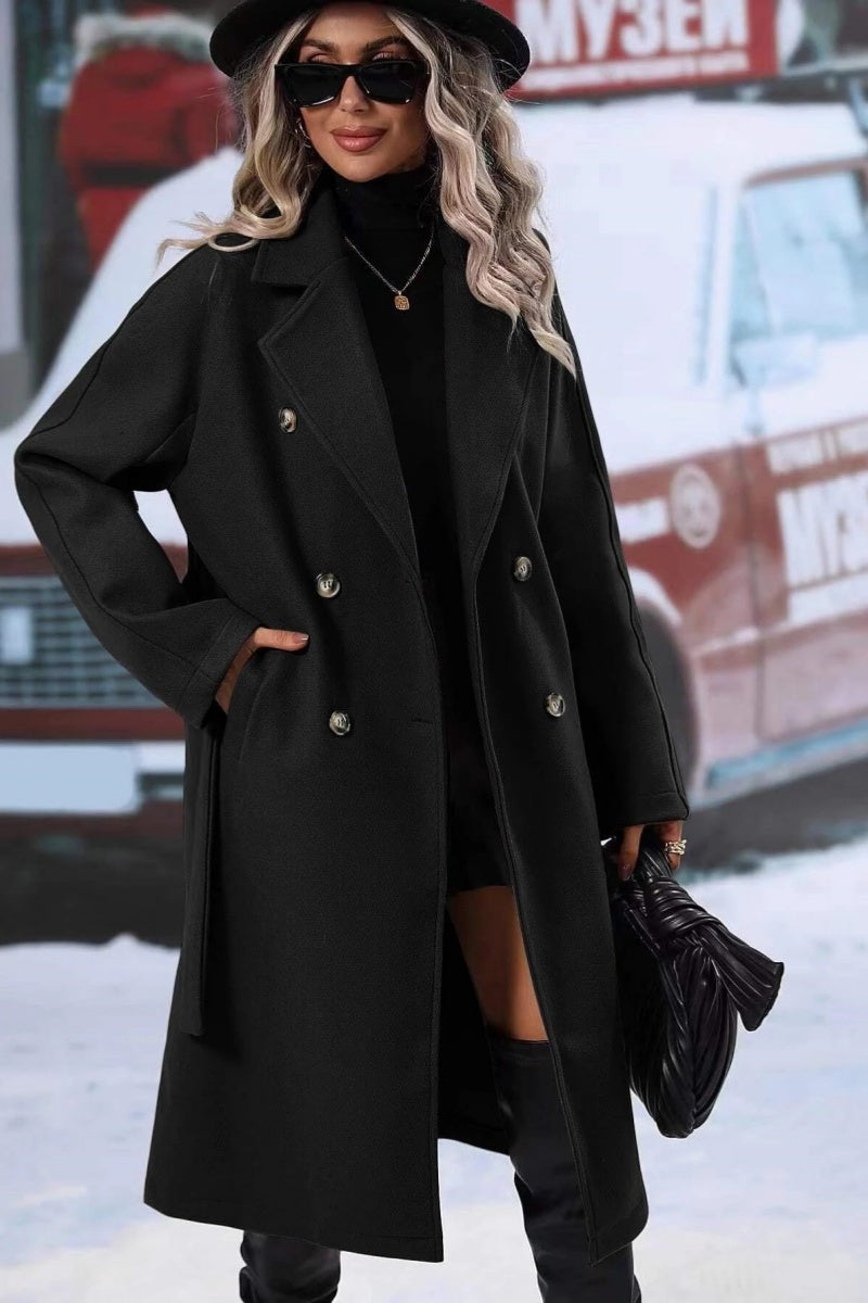 Henriette | Manteau Long Femme Laine Mélangée, Coupe Relax, Double Boutonnage & Ceinture Élégante