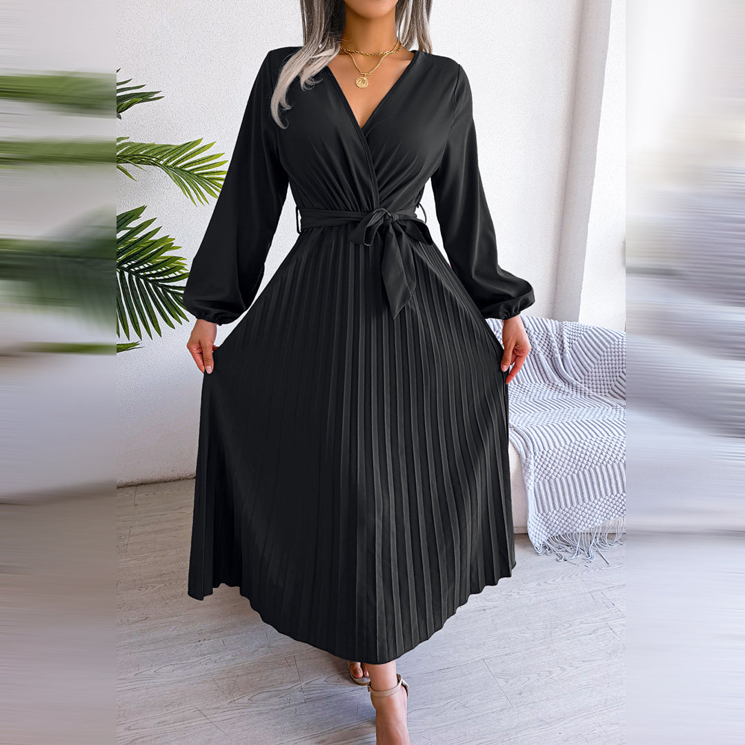 Annette | Robe longue plissée élégante avec ceinture à nouer et manches bouffantes