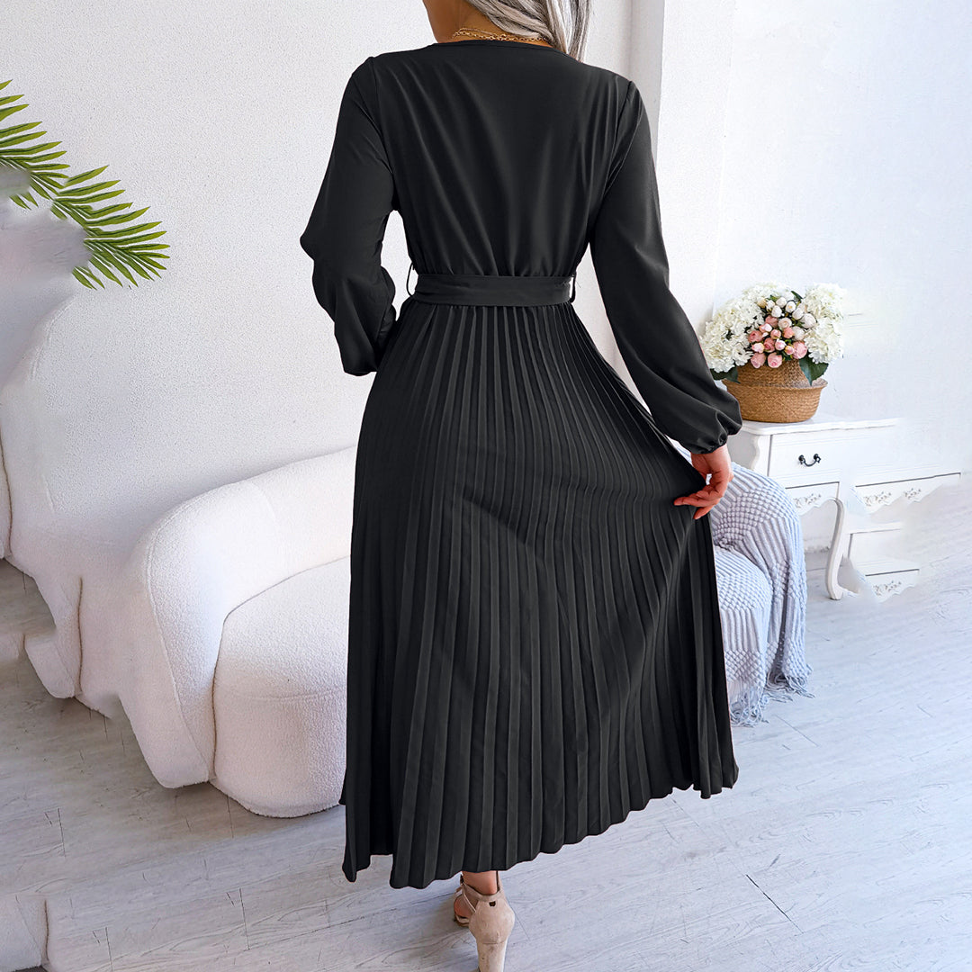 Annette | Robe longue plissée élégante avec ceinture à nouer et manches bouffantes
