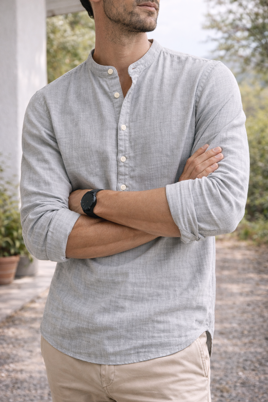 Chemise en Lin pour Homme à Col Grandad – Style Smart-Casual Décontracté