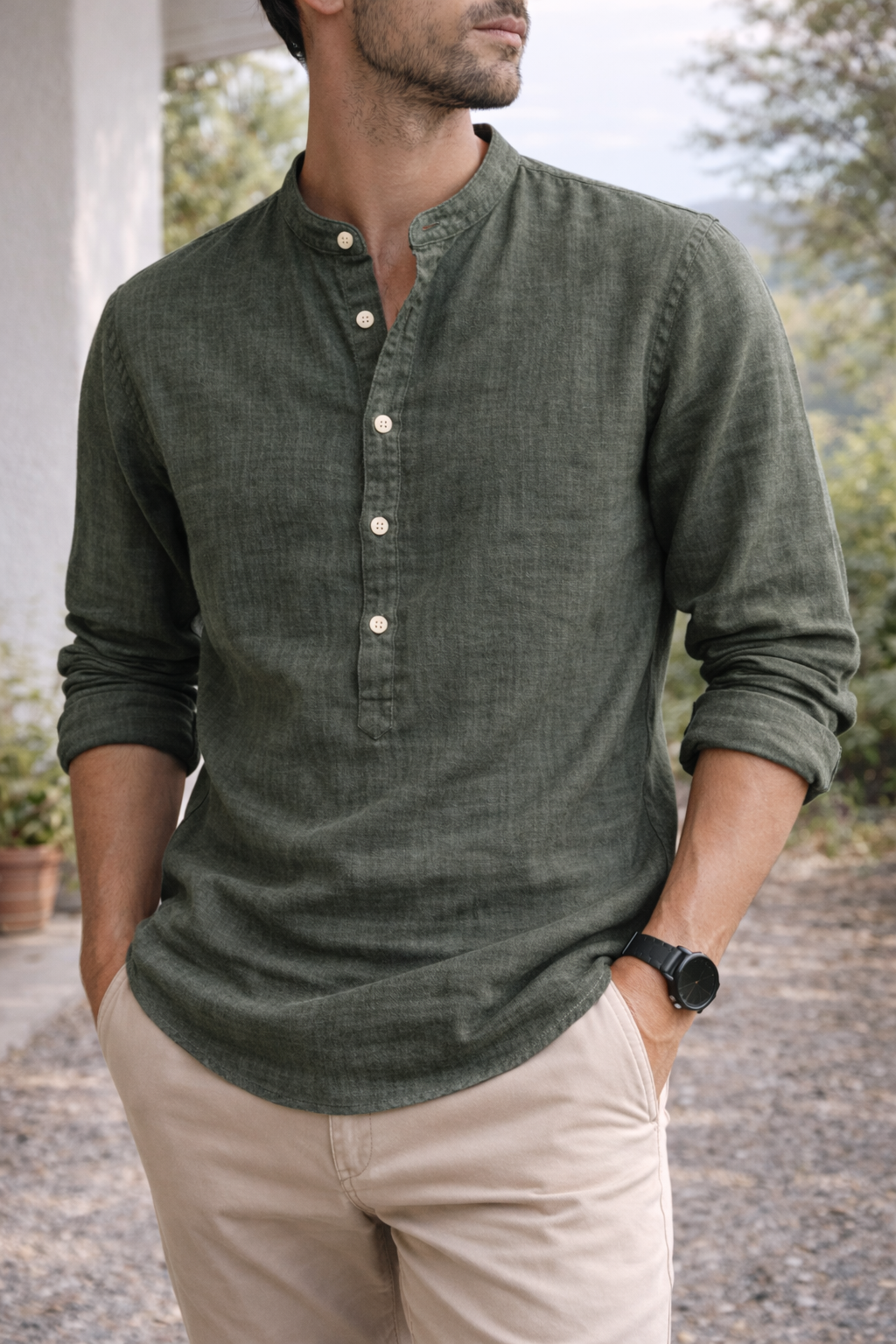 Chemise en Lin pour Homme à Col Grandad – Style Smart-Casual Décontracté
