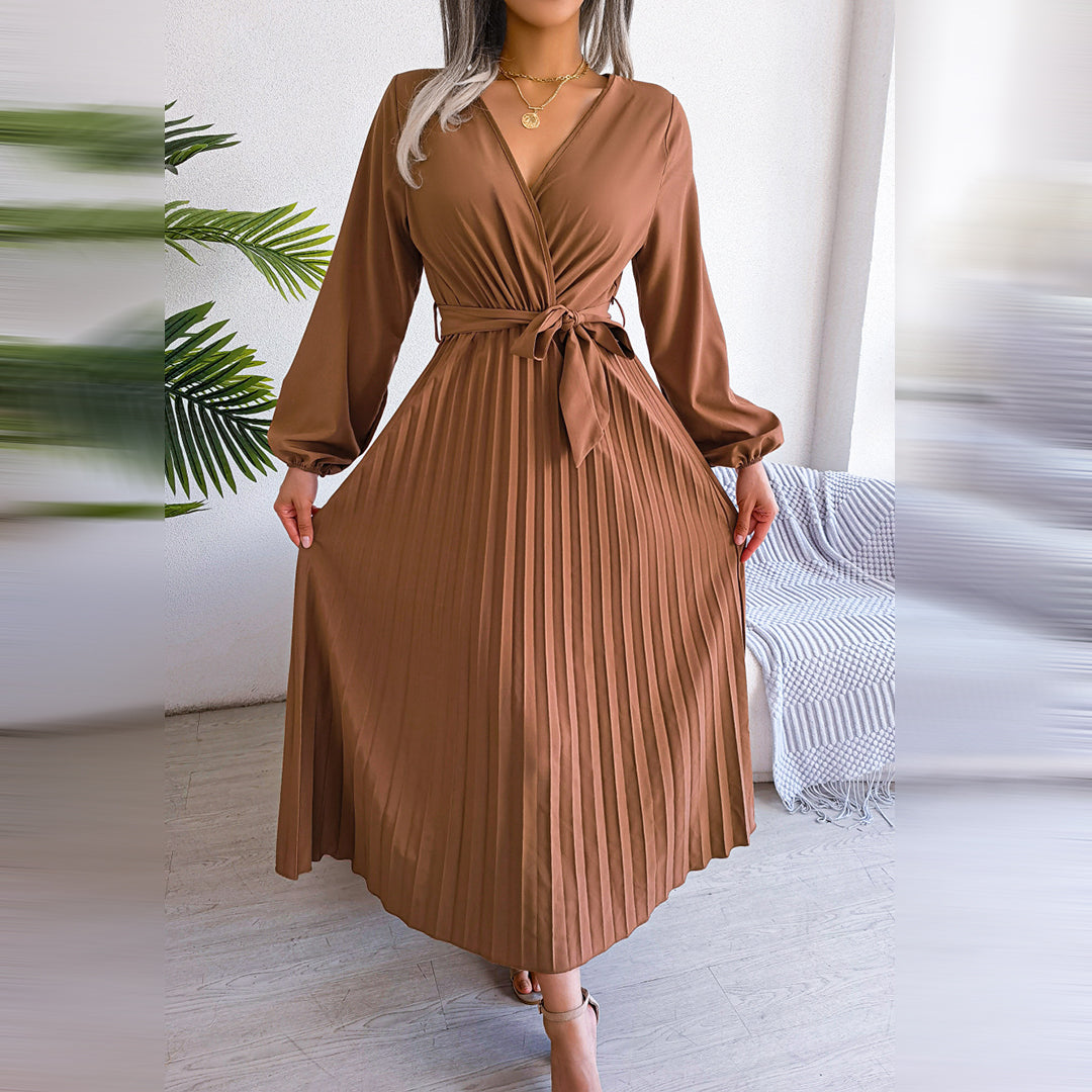 Annette | Robe longue plissée élégante avec ceinture à nouer et manches bouffantes
