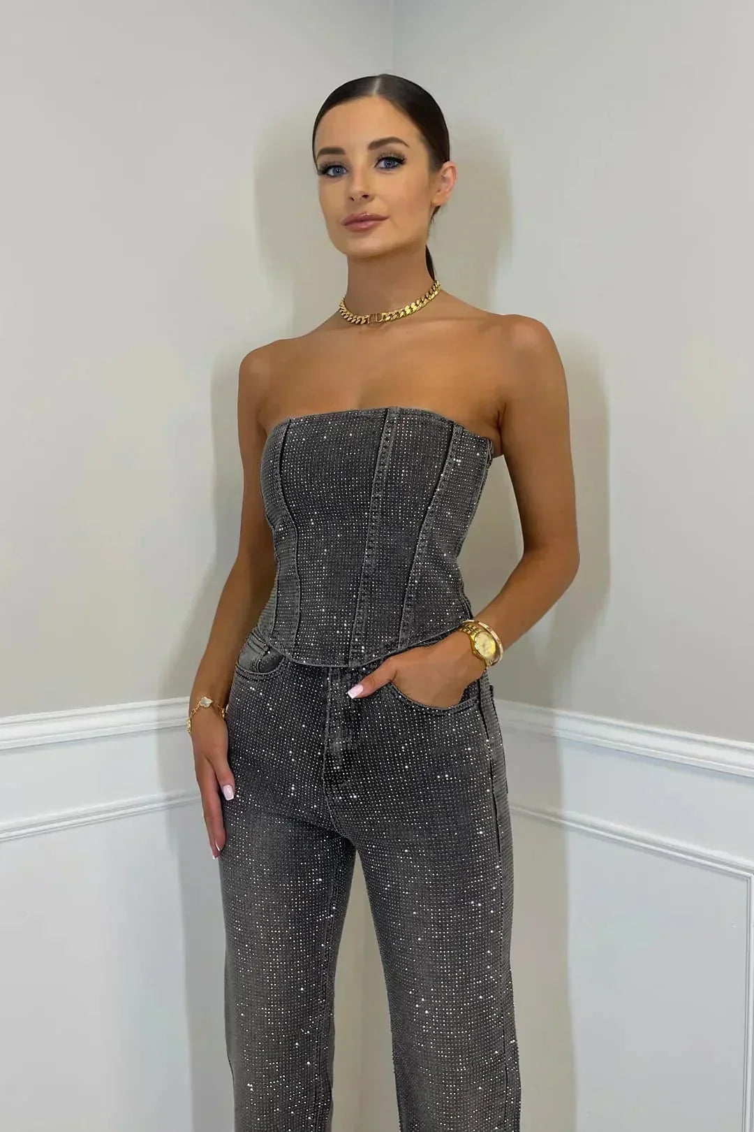 Jumpsuit Strapless Femme Élégant Paillettes | Chic et Glamour