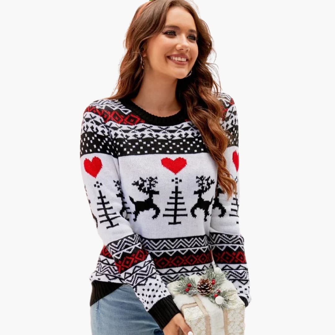 Pull Femme Doublé | Motif Renne Tricoté | Col Rond & Confort Hivernal
