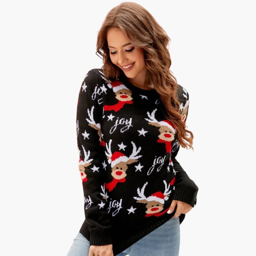 Pull Femme Doublé | Motif Renne Tricoté | Col Rond & Confort Hivernal