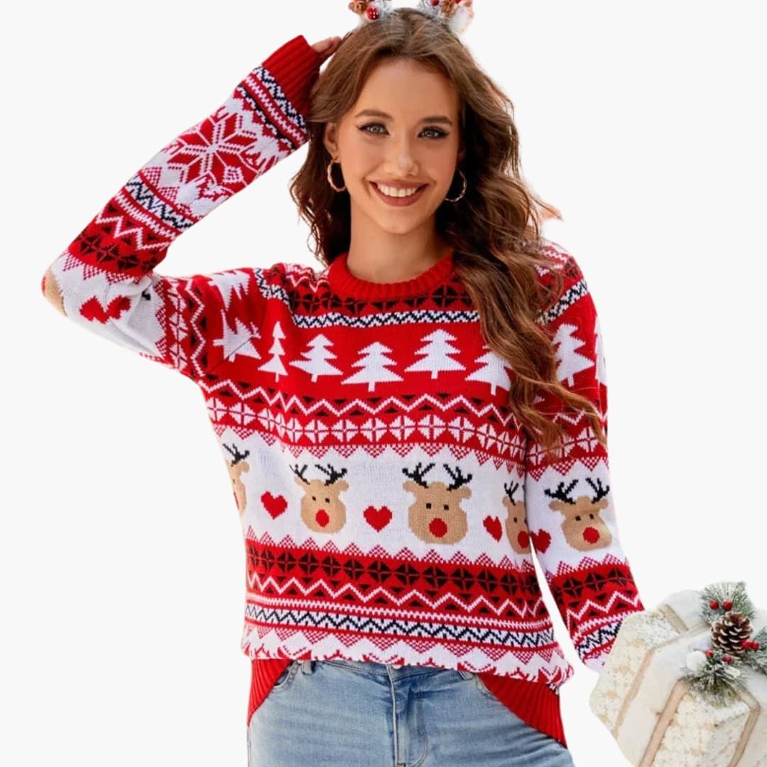 Pull Femme Doublé | Motif Renne Tricoté | Col Rond & Confort Hivernal