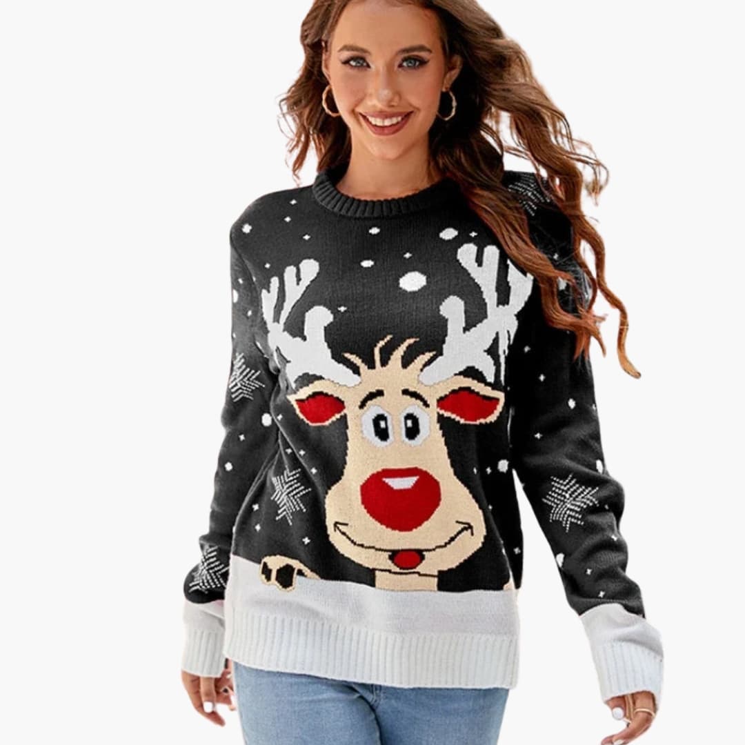 Pull Femme Doublé | Motif Renne Tricoté | Col Rond & Confort Hivernal