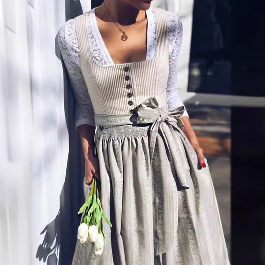 Zoé | Robe Dirndl Midi Femme Élégante et Moderne à Col Carré, Boutons & Taille Ceinturée