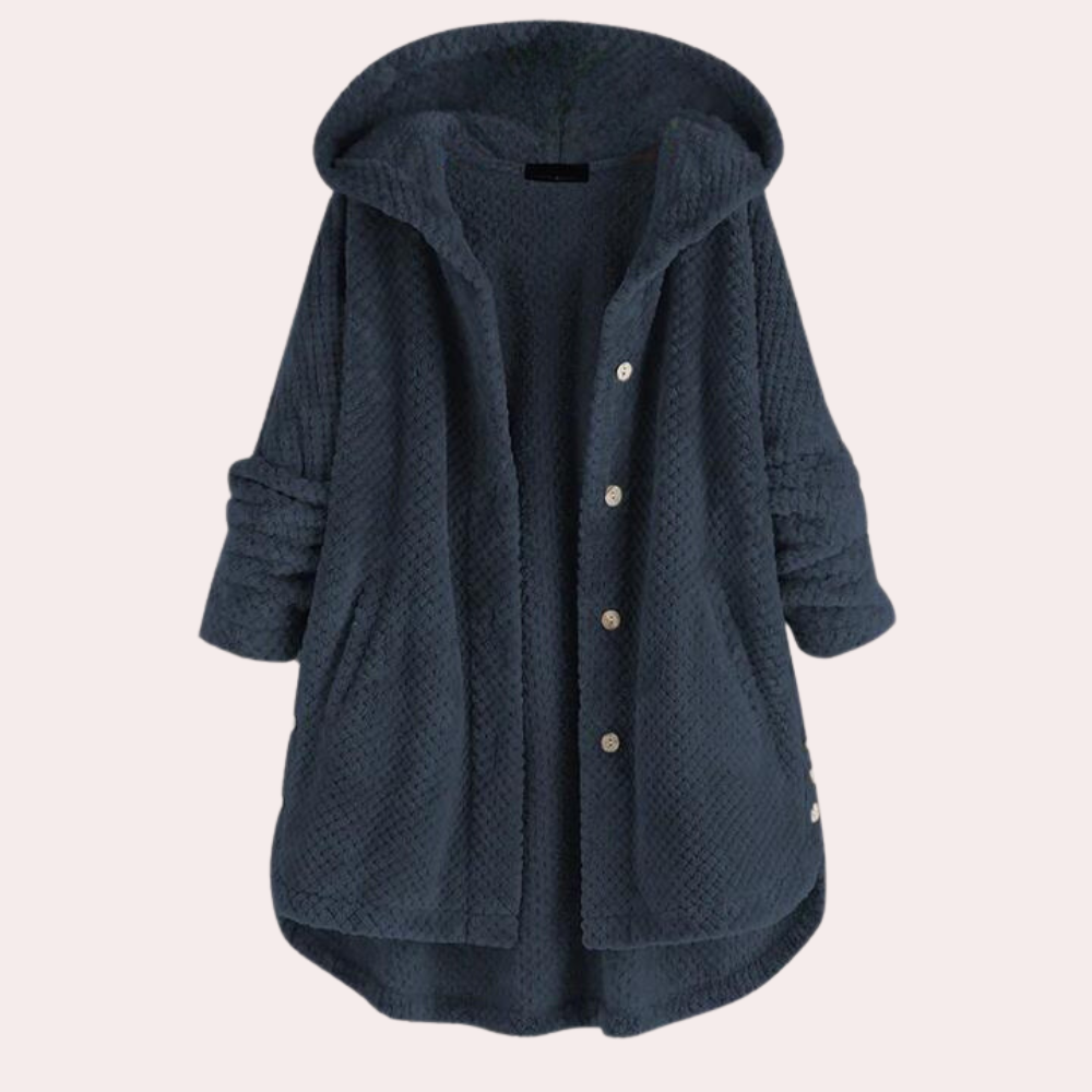 Apolline | Cardigan long à capuche en maille texturée, boutons élégants