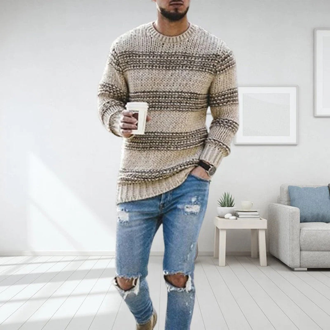 Bertille | Pull Homme d’Hiver à Col Rond, Tricot Norvégien Rayé, Maille Épaisse et Chaude
