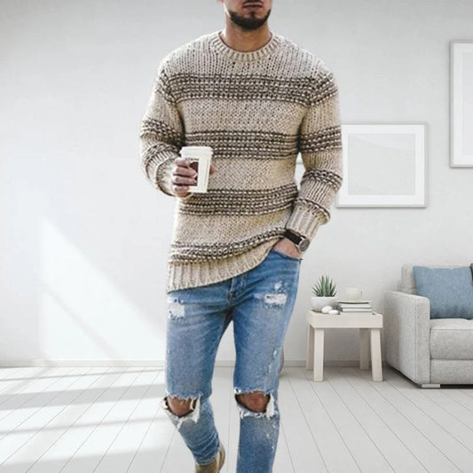 Bertille | Pull Homme d’Hiver à Col Rond, Tricot Norvégien Rayé, Maille Épaisse et Chaude