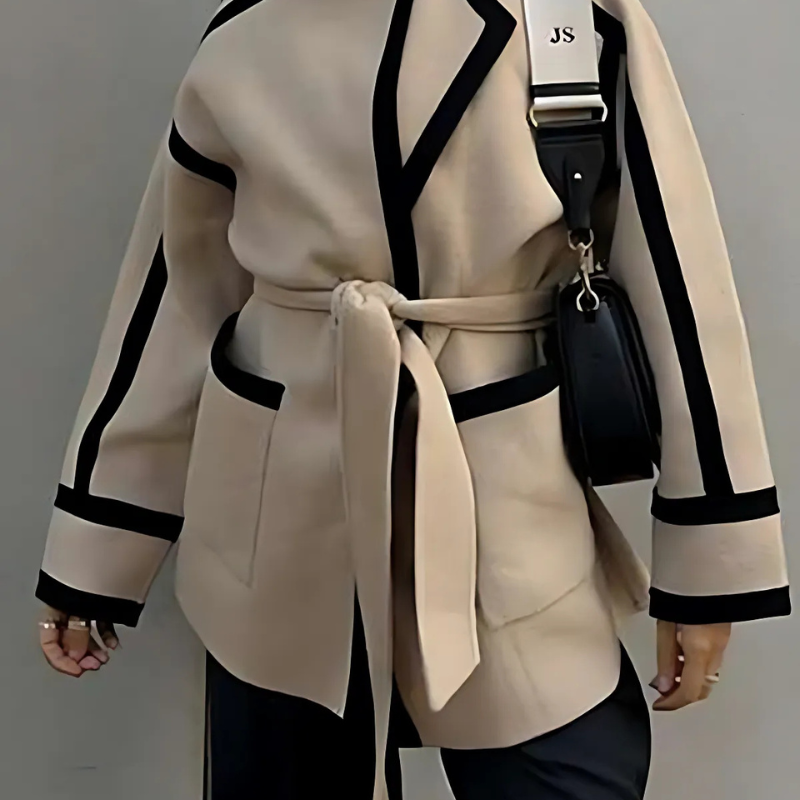 Géraldine | Blazer Manteau Femme Khaki avec Ceinture à Nouer et Détails Contrastés
